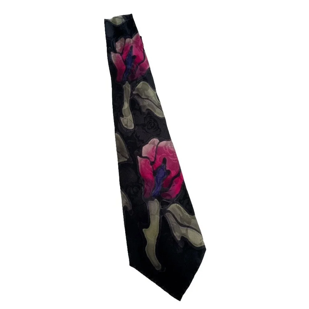ZABEL Aoko Floral Abstract Art Tie 100%‎ Silk Hand Sewn USA Black Pink